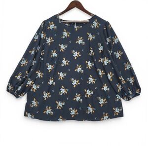 LOFT Plus Womens 20 Floral Blouse Navy Blue Polyester Romantic Cottagecore Top